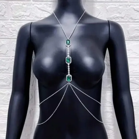 Emerald Silver Zircon Body Chain, Elegant, Classy, Minimalist, Punk - Picture 2 of 5